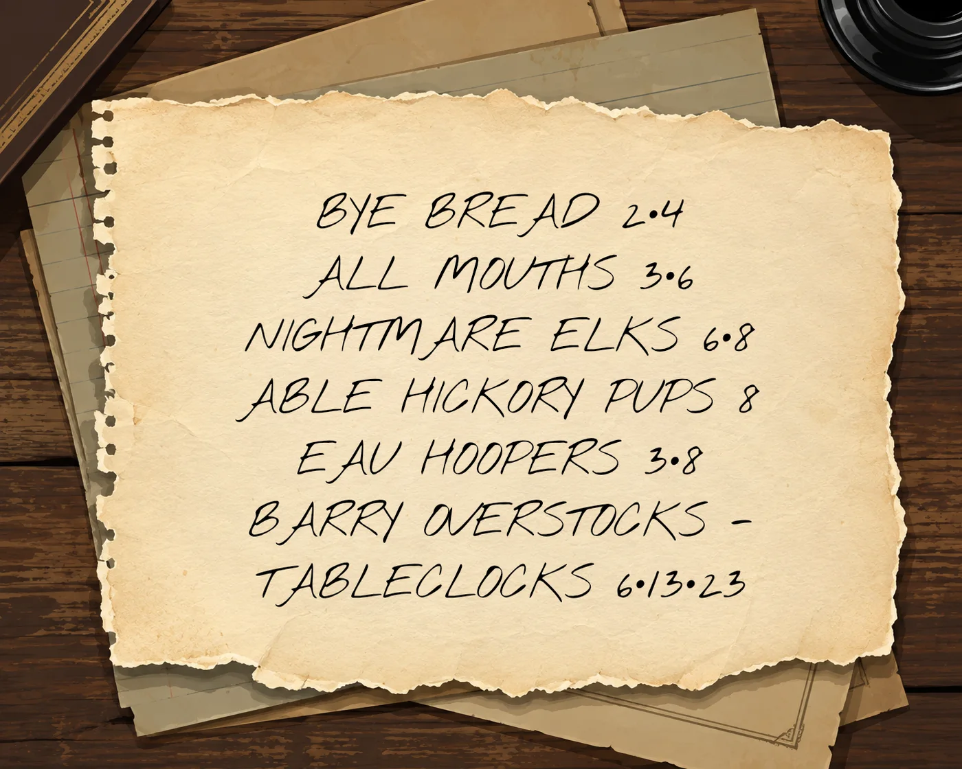 A torn, aged page on a desk listing six coded phrases with numbers beside each.