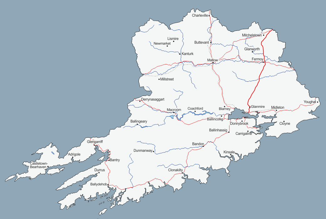 A map of County Cork with towns and roads labelled.