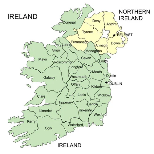 A county map of Ireland and Northern Ireland, each county labelled.