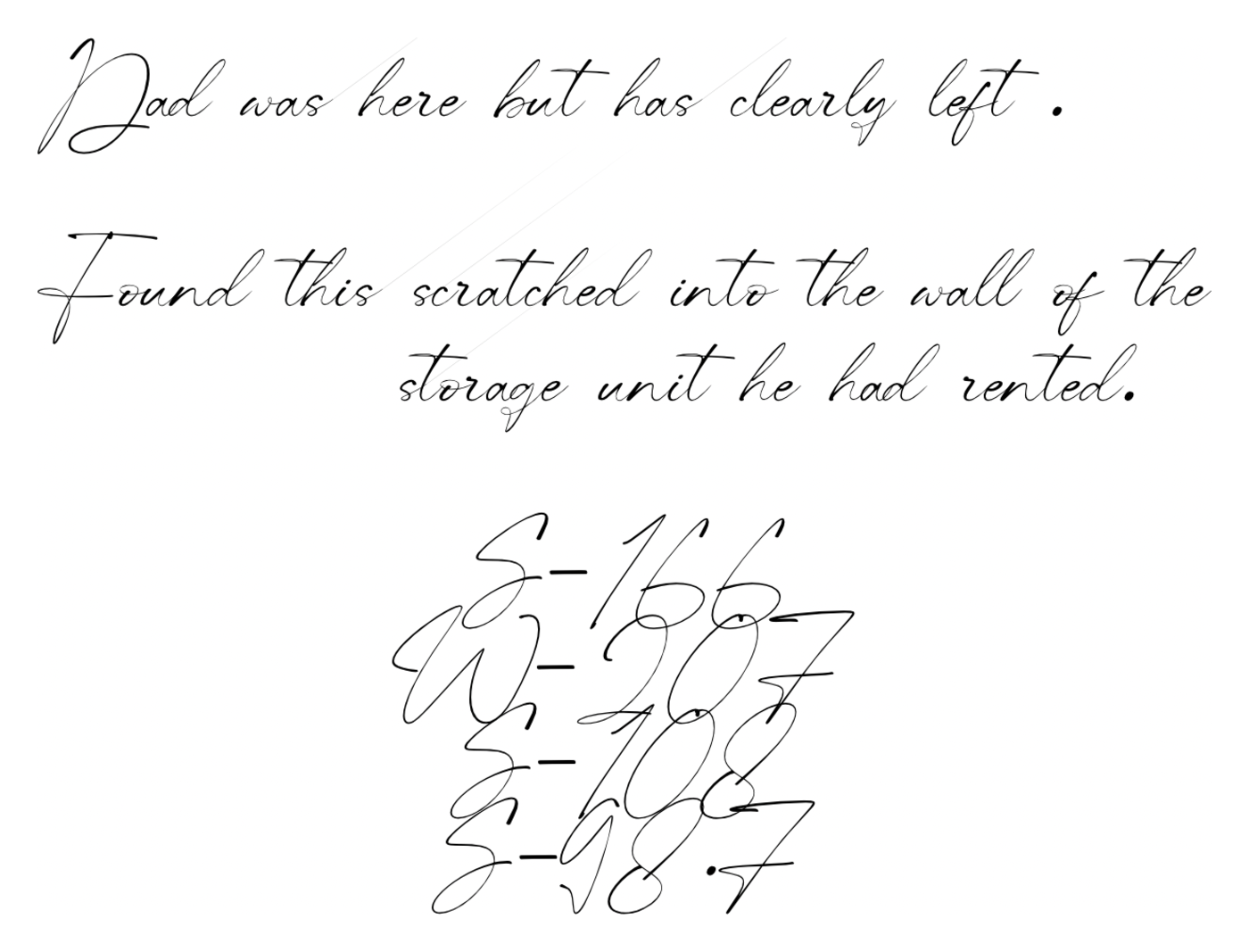 Handwritten note: Dad was here but has clearly left. Found this scratched into the wall of the storage unit he had rented. Below it, four lines of scrawled figures.