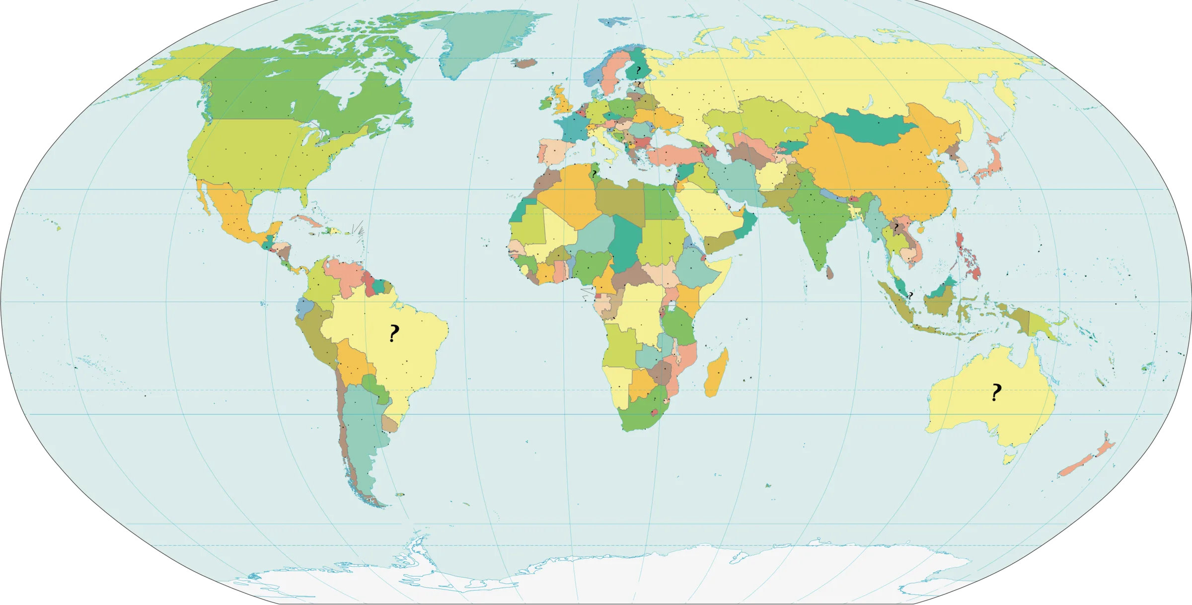 A world map with no country names, bearing seven hand-drawn question marks.